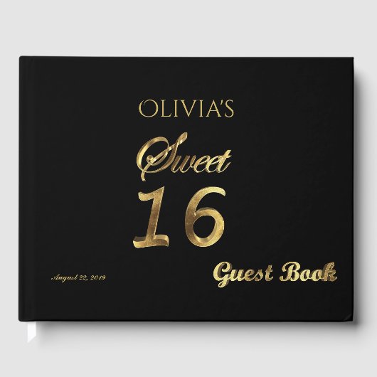 Sweet 16 Black and Gold Look Typografie Elegant Gästebuch (Vorderseite)