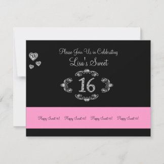 Sweet 16 Black and Silver Birthday Einladung