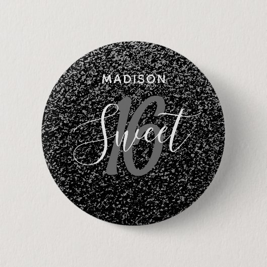 Sweet 16 Black and Silver Speck Personalisiert Button (Vorderseite)