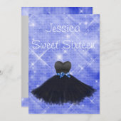 Sweet 16 Black Dress Blue Silver Glitzer Geburtsta Einladung (Vorne/Hinten)