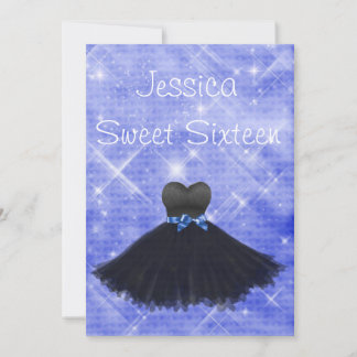 Sweet 16 Black Dress Blue Silver Glitzer Geburtsta Einladung