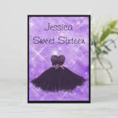 Sweet 16 Black Dress Lila Silver Glitzer 3 Einladung (Stehend Vorderseite)