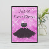 Sweet 16 Black Dress Pink Silver Glitzer 3 Einladung (Stehend Vorderseite)
