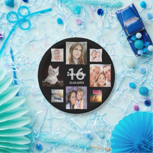 Sweet 16 Black Foto Collage Pappteller (Party)