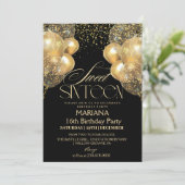 Sweet 16 Black & Gold Balloons Foto Geburtstag Einladung (Stehend Vorderseite)