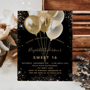 Sweet 16 Black Gold Glitzer Ballons Einladung