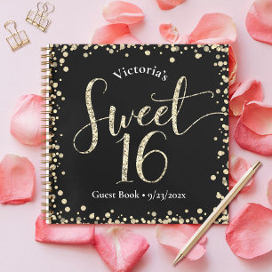 Sweet 16 Black Gold Glitzer Birthday Gästebuch Notizblock