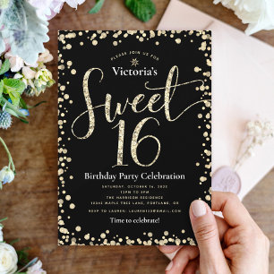 Sweet 16 Black Gold Glitzer Chic Girly Geburtstag Einladung