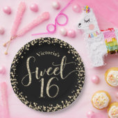 Sweet 16 Black Gold Glitzer Confetti Chic Geburtst Pappteller (Party)