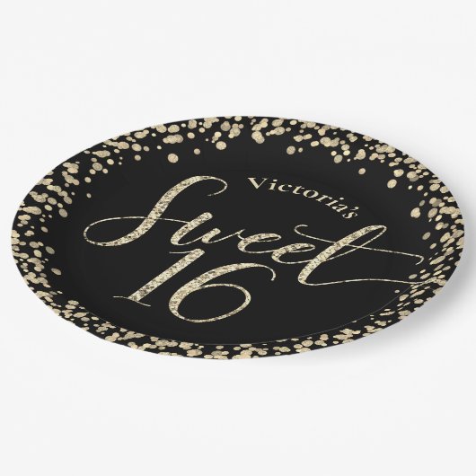 Sweet 16 Black Gold Glitzer Confetti Chic Geburtst Pappteller (Schrägansicht)
