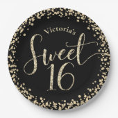 Sweet 16 Black Gold Glitzer Confetti Chic Geburtst Pappteller (Vorderseite)