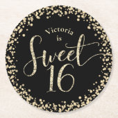 Sweet 16 Black Gold Glitzer Confetti Chic Geburtst Runder Pappuntersetzer (Vorderseite)