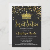 Sweet 16 Black Gold Glitzer Confetti Crown Einladung (Vorderseite)