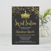 Sweet 16 Black Gold Glitzer Confetti Crown Einladung (Stehend Vorderseite)