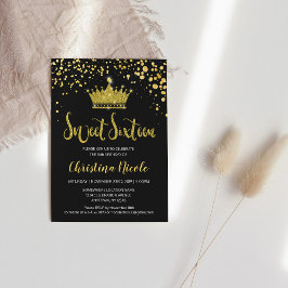 Sweet 16 Black Gold Glitzer Confetti Crown Einladung