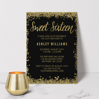 Sweet 16 Black Gold Glitzer Geburtstag Einladung