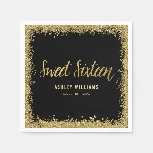 Sweet 16 Black Gold Glitzer Geburtstag Serviette (Vorderseite)