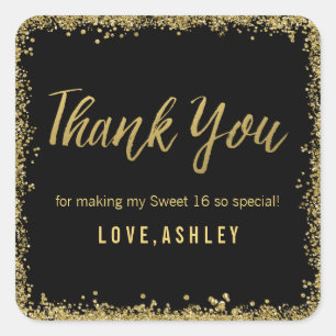 Sweet 16 Black Gold Glitzer Geburtstagsfavors Quadratischer Aufkleber