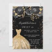 Sweet 16 Black Gold Glitzer Kleidung Florale Party Einladung (Vorderseite)