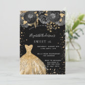 Sweet 16 Black Gold Glitzer Kleidung Florale Party Einladung (Stehend Vorderseite)