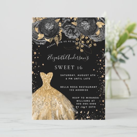 Sweet 16 Black Gold Glitzer Kleidung Florale Party Einladung (Stehend Vorderseite)