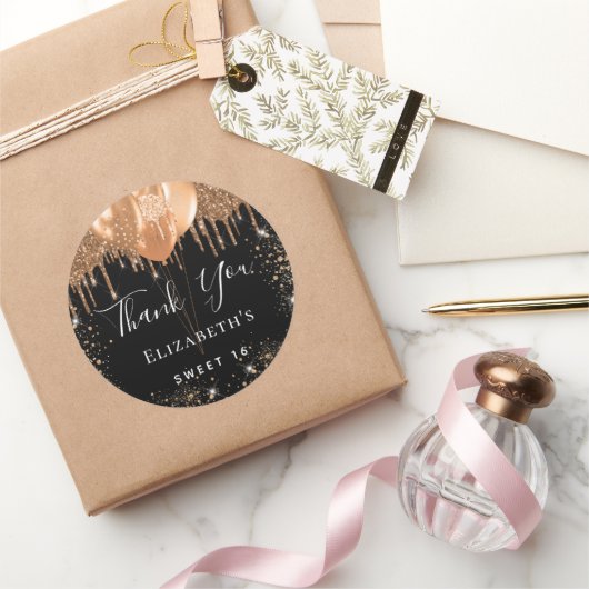 Sweet 16 Black Gold Glitzer Name Vielen Dank Runder Aufkleber (Schenken)