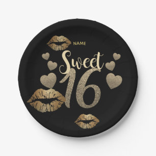 Sweet 16 Black Gold Glitzer Personalisiert Pappteller
