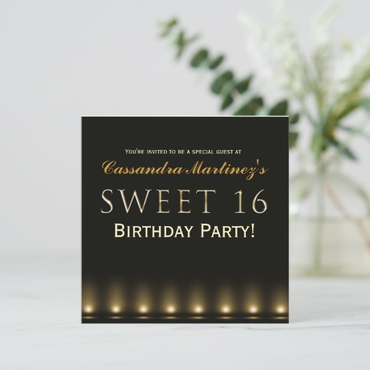 SWEET 16 Black Gold Hollywood Party Einladung (Stehend Vorderseite)