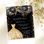 Sweet 16 Black Gold Kleid Blumenzettel<br><div class="desc">Eine moderne,  stilvolle und glamouröse Einladung zu einer Sweet 16. Geburtstagsfeier. Ein schwarzer Hintergrund mit Imitaten goldenen Glitzer Staub,  ein Kleid und schwarz-goldene Rose,  Blumenmuster. Der Name ist mit einem modernen handgeschriebenen Stilskript geschrieben. Personalisieren Sie Ihre Party-Daten und fügen Sie sie hinzu.</div>