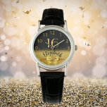 Sweet 16 black gold monogram name armbanduhr<br><div class="desc">Elegant, klassisch, glamourös und feminin. Ein Imitat mit goldfarbenem Bogen und Band mit goldenem Glitzer und Funkeln, ein bisschen Bling und Luxus für ein Geburtstagsgeschenk oder Sake. Schwarzer Hintergrund. Vorlagen für ihren Namen und das Alter von 16 Jahren. Der Name ist mit einem modernen handgeschriebenen Stilskript geschrieben. goldfarbene Zahlen von...</div>