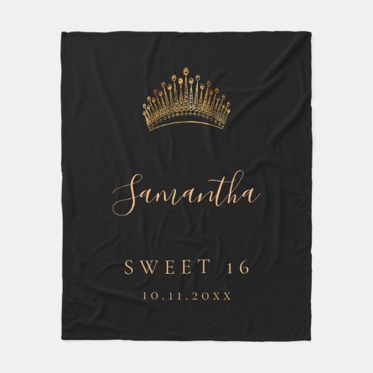 Sweet 16 Black Gold Tiara Kronname Fleecedecke (Vorderseite)