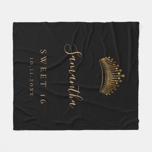 Sweet 16 Black Gold Tiara Kronname Fleecedecke (Vorderseite (Horizontal))