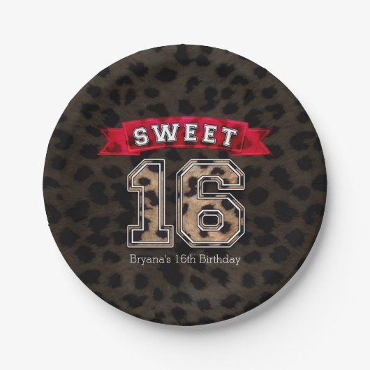 Sweet 16 Black Leopard Print Party Pappteller (Vorderseite)