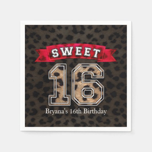 Sweet 16 Black & Leopard Print Party Serviette (Vorderseite)