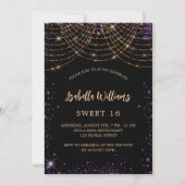 Sweet 16 Black lila Gold Glitzer Luxus Einladung (Vorderseite)