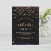 Sweet 16 Black lila Gold Glitzer Luxus Einladung (Stehend Vorderseite)