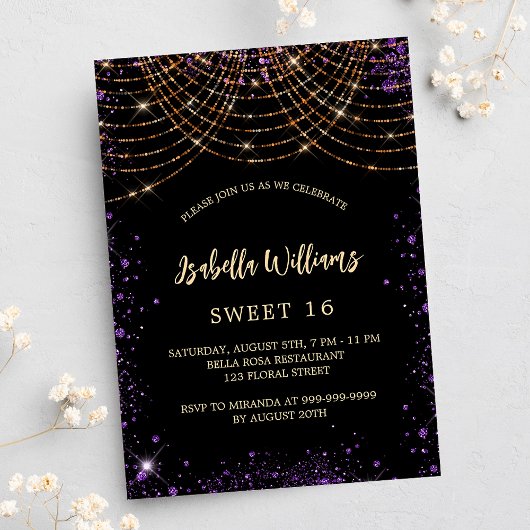 Sweet 16 Black lila Gold Glitzer Luxus Einladung