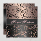 Sweet 16 Black/Peach Swirl Geburtstag Einladung (Vorne/Hinten)