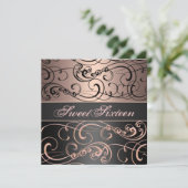 Sweet 16 Black/Peach Swirl Geburtstag Einladung (Stehend Vorderseite)
