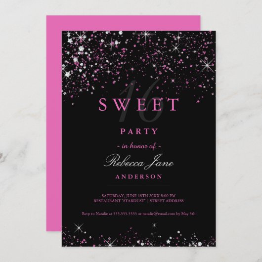 Sweet 16 Black Pink Sparkle Glitzer Einladung (Vorne/Hinten)