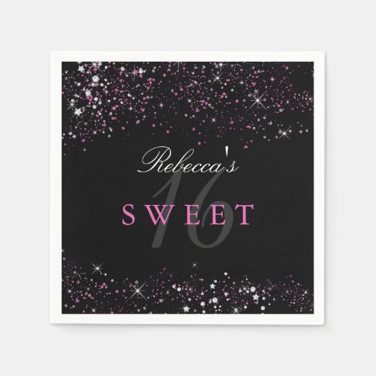 Sweet 16 Black Pink Sparkle Glitzer Napkins Serviette (Vorderseite)
