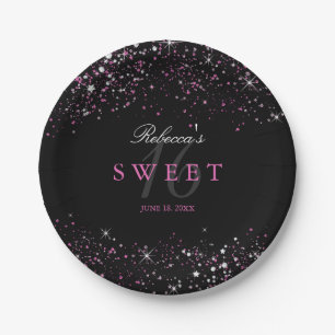 Sweet 16 Black Pink Sparkle Glitzer Paper Teller