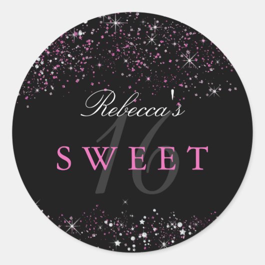 Sweet 16 Black Pink Sparkle Glitzer Sticker (Vorderseite)