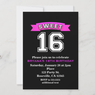 Sweet 16 Black & Pink Sports & Leopard Print Party Einladung