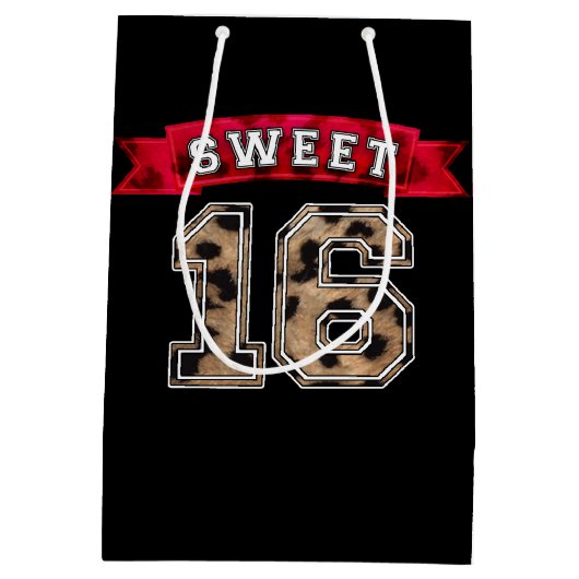 Sweet 16 Black & Red Leopard Print Sports Party Mittlere Geschenktüte (Rückseite)