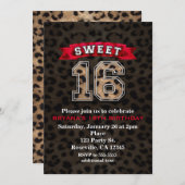 Sweet 16 Black & Red Sports Leopard Print Party Einladung (Vorne/Hinten)