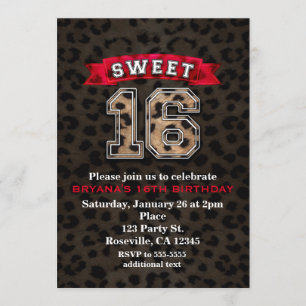 Sweet 16 Black & Red Sports Leopard Print Party Einladung