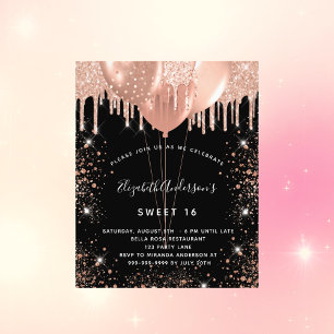Sweet 16 Black Rose Gold Glitzer Einladung Flyer