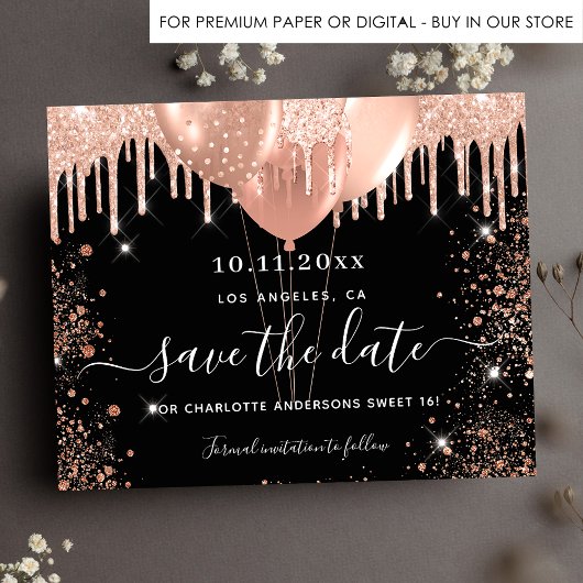 Sweet 16 Black Rose Gold Haushalt Save the Date Flyer