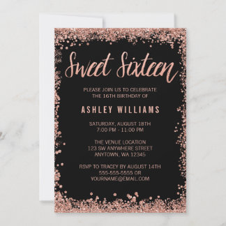 Sweet 16 Black Rose Gold Imitate Glitzer Geburtsta Einladung